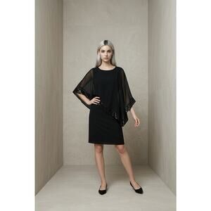 R&M Richard’s Black Asymmetrical Sequins Trim Cape Overlay Sheath Dress 14